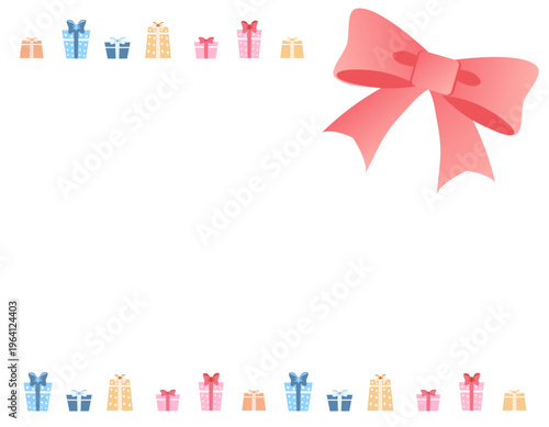 大きなリボンと沢山のプレゼントの可愛いフレーム素材　ピンク色　右上