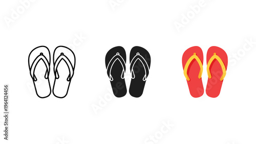 three pairs of flip flops in black, gray, and red flat design vector illustration