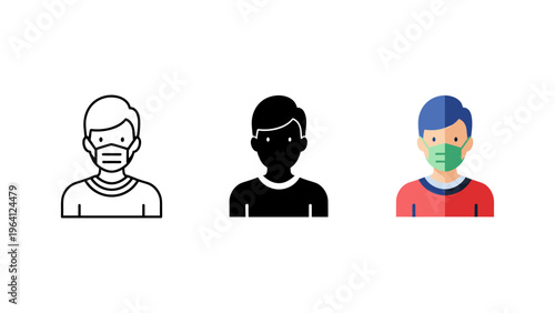 three diverse people wearing face masks vector illustration flat design