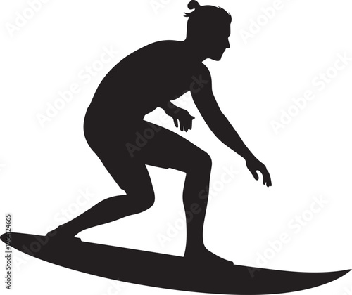 Surfer silhouette vector, male athlete riding surfboard on ocean wave, black minimalist surfing icon for summer sports and beach lifestyle branding
