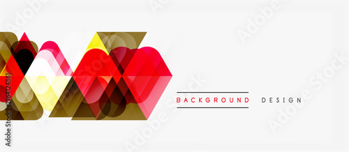 Abstract geometric shapes, vibrant colors, modern design elements. Red, gold, pink hues create dynamic visual impact. Simple background.