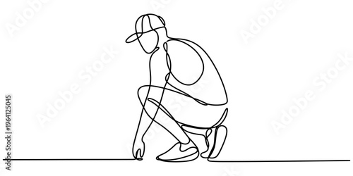 A continuous line drawing of a person wearing a cap while crouching down to touch the ground area