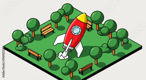 a red rocket taking off from a green isometric park illustrating startup launch and business growth concepts