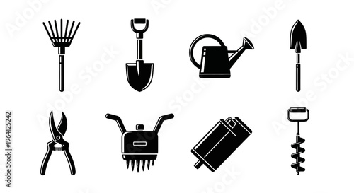 Gardening Tools Set Icon Collection - Rake, Shovel, Watering Can, Pruners, Auger, and More
