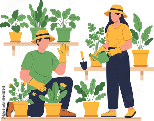 Gardening Couple Taking Care of Plants with Pots and Tools for Indoor Plant Care and Gardening Projects