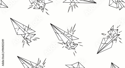 abstract geometric paper planes breaking apart in a dynamic pattern illustrating concepts of disruption and energetic impact.