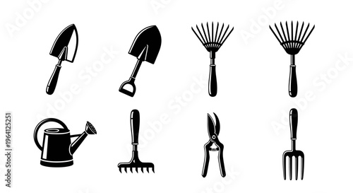 Gardening Tools Collection: Shovel, Rake, Watering Can, Pruners, Fork - Black and White Icons