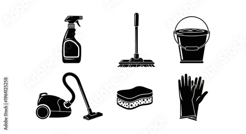 Cleaning supplies icons set: vacuum, mop, bucket, spray bottle, sponge, gloves