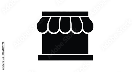 A simple black and white graphic depicts a storefront with a striped awning and rectangular structure high quality professional detailed modern