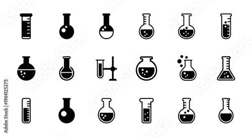 Set of Laboratory Glassware Icons: Beakers, Flasks, Test Tubes, Measuring Cylinders