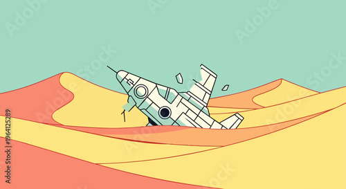 crashed spaceship in vast desert landscape with sand dunes evoking retro sci fi adventure and exploration failure