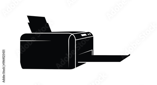 A minimalist black silhouette depicts a modern inkjet printer with an extended output tray showcasing office technology high quality professional detailed