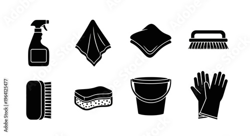 Cleaning Supplies Icons Set: Spray Bottle, Cloths, Brushes, Bucket, Gloves