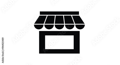 A simple black and white icon depicts a storefront with a striped awning and a rectangular doorway high quality professional detailed