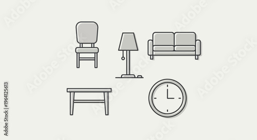 Modern minimalist vector line art icons illustrating common household furniture and interior items sofa, chair, table, lamp, and clock, set against a clean, light background