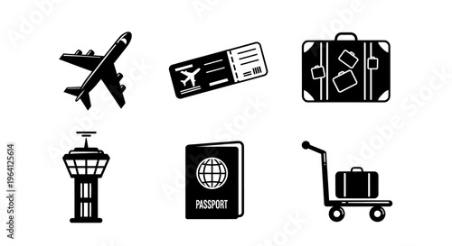 Travel Icons Set: Airplane, Ticket, Suitcase, Control Tower, Passport, Luggage Cart
