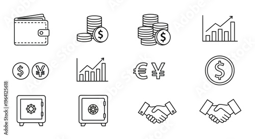 Set of finance and business icons wallet, coins, money, graphs, currency, safe, handshake
