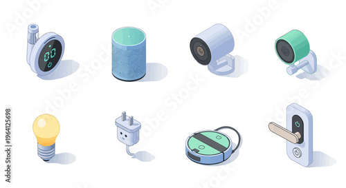 Isometric Collection of Smart Home Devices and Internet of Things (IoT) Gadgets for Modern Connected Living, Featuring Security Cameras, Smart Speaker, Light Bulb, and Door Lock