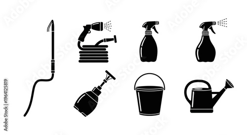 Gardening Tools Icons: Hose, Sprayer, Bucket, Watering Can, Duster - Black and White Silhouette