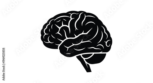A stark black silhouette depicts a human brain showcasing the complex folds and structures of the cerebrum high quality professional detailed