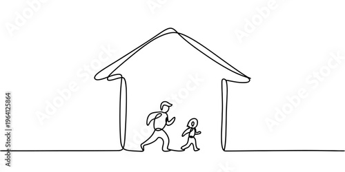 A continuous line drawing depicting a man and a child walking together inside a simple house shape