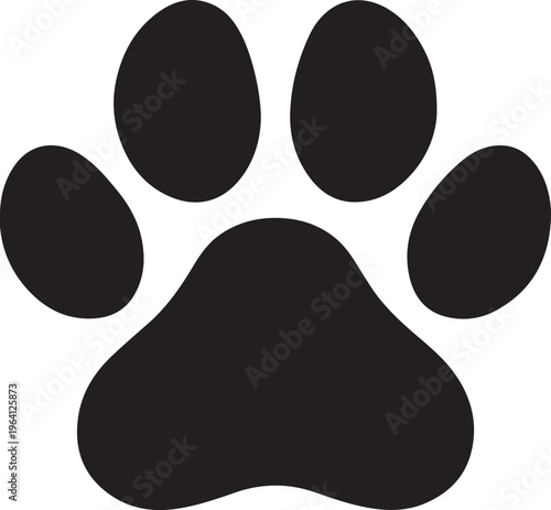 Black animal paw print vector illustration, minimalist dog or cat paw silhouette, pet footprint icon for veterinary and animal care branding