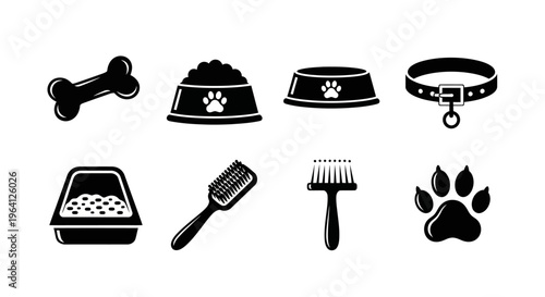 Dog Pet Care Icons Set: Bone, Food Bowl, Collar, Litter Box, Brush, Grooming Tool, Paw Print