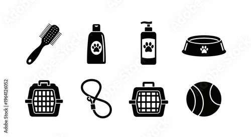 Pet Grooming and Care Icons: Brush, Shampoo, Bowl, Carrier, Leash, Ball