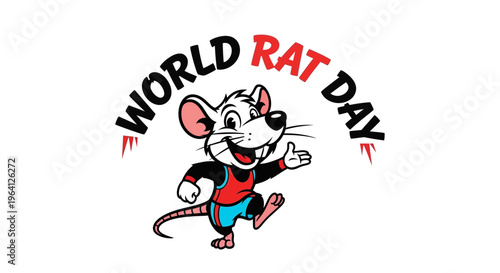 A cheerful cartoon rat wearing a red and black shirt and blue shorts runs with a joyful expression on a white background with World Rat Day text.