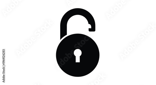 A stark black silhouette depicts an unlocked padlock symbolizing security access or freedom from restriction high quality professional detailed modern elegant