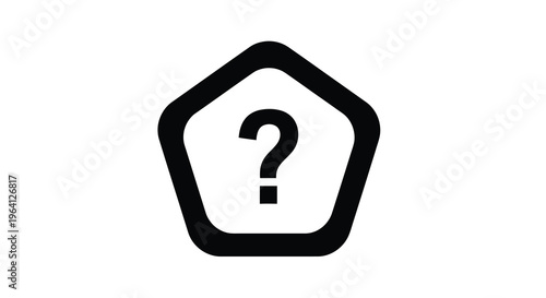 A simple black and white graphic depicts a pentagon shape containing a centered question mark symbol high quality professional detailed modern