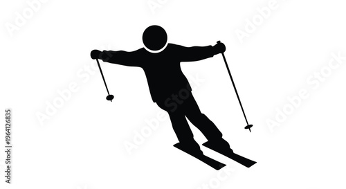 A stark black silhouette depicts a skier in motion arms outstretched and poles planted mid descent high quality professional detailed modern