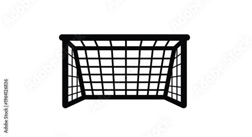 A stark black and white illustration depicts a soccer goal showcasing its net and frame in simple lines high quality professional
