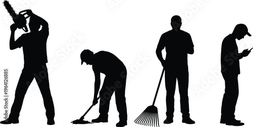 Worker silhouettes set with chainsaw digging raking phone usage labor people black figures vector illustration collection isolated activity