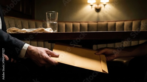 Man handing brown envelope to other person secretly under restaurant table. Businessmen exchanging bribe or documents. Corruption, criminal activity and illicit deal concept.