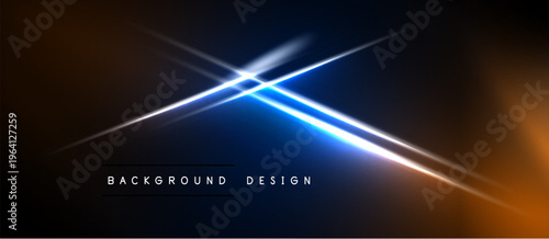 Abstract background features bright lines, gradients. Blue light intersects orange hues, creating dynamic visual effect. Text reads background design.