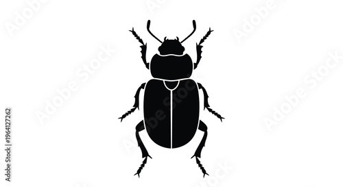 A stark black silhouette depicts a rhinoceros beetle viewed from directly above showcasing its prominent horn high quality professional detailed modern