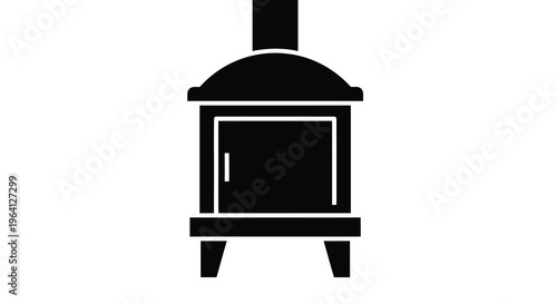 A simple black silhouette depicts a classic wood burning stove featuring a door and chimney isolated on white high quality professional