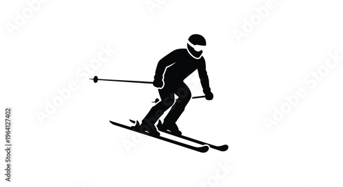 A minimalist black silhouette depicts a skier in motion dynamically descending a snow covered slope with poles high quality professional detailed