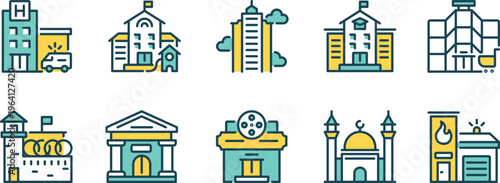 Illustrative icons of various types of buildings and establishments