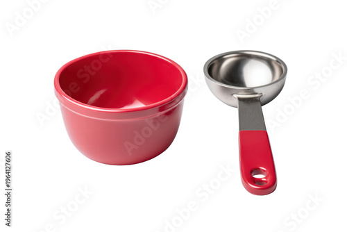 A red bowl and a silver measuring cup are placed next to each other. The bowl is filled with a white substance, and the measuring cup is being used to measure the amount of the substance, png
