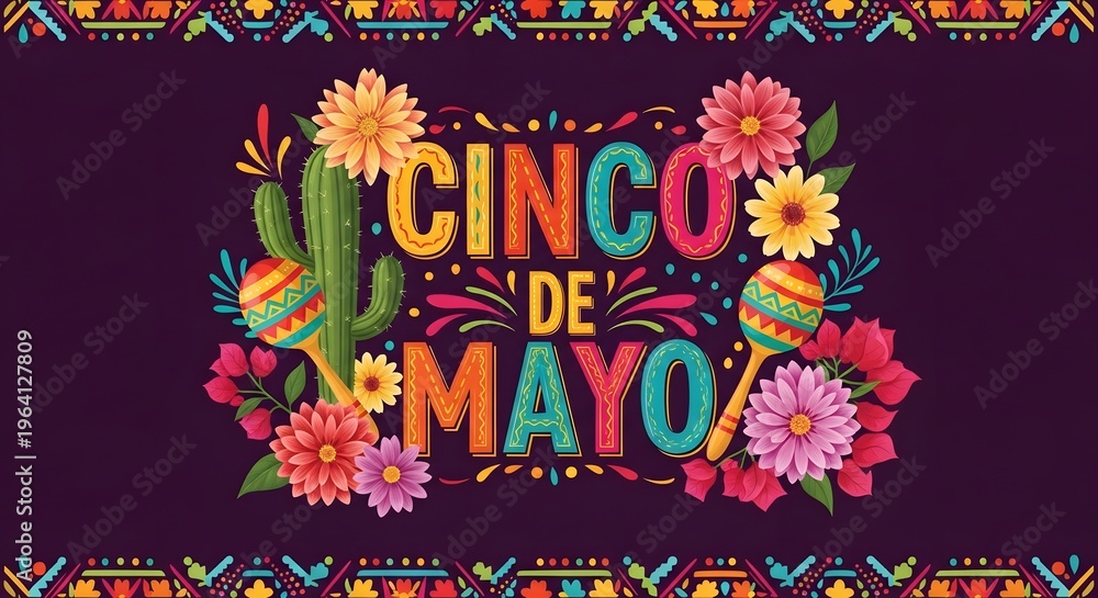 Obraz premium Vibrant Cinco de Mayo celebration graphic with cactus flowers