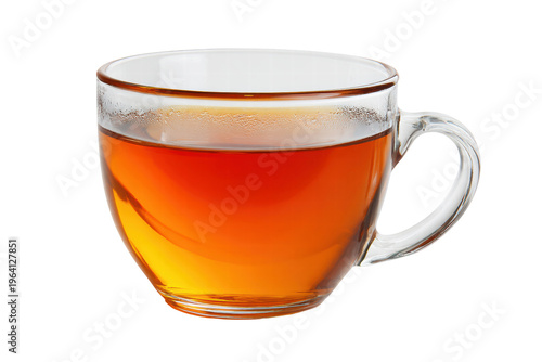 A cup of tea is sitting on a white background. The cup is clear and the tea is brown, png