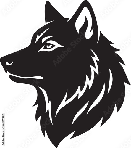 Stylized wolf head vector illustration, black and white husky profile mascot, tribal wolf silhouette for sports logo and apparel design
