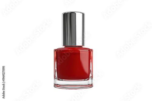 A bottle of red nail polish is sitting on a white background. The bottle is clear and has a silver cap. Concept of elegance and sophistication, as the red color is often associated with luxury, png