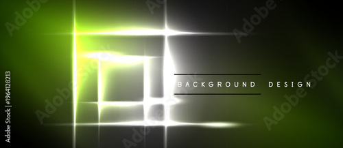 Abstract neon lights forming squares, gradients from green to gray. Dark background enhances glowing effect. Minimalist design elements present.