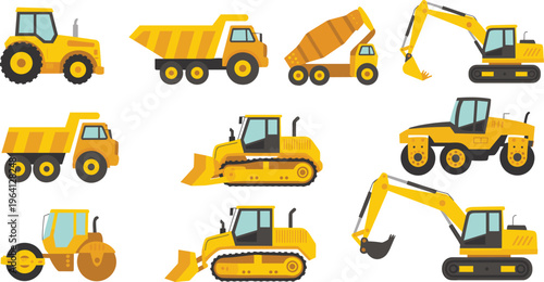 Construction vehicles set with excavator bulldozer dump truck roller tractor heavy equipment vector illustration collection isolated industry machinery