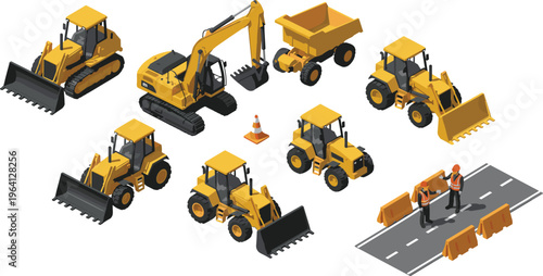 Construction vehicles isometric set with excavator loader bulldozer dump truck road workers cones barriers vector illustration collection