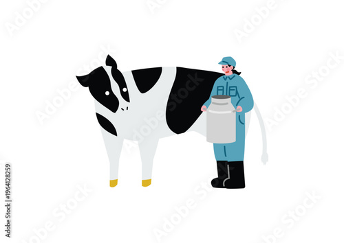 牛からミルクを絞る女性のイラスト