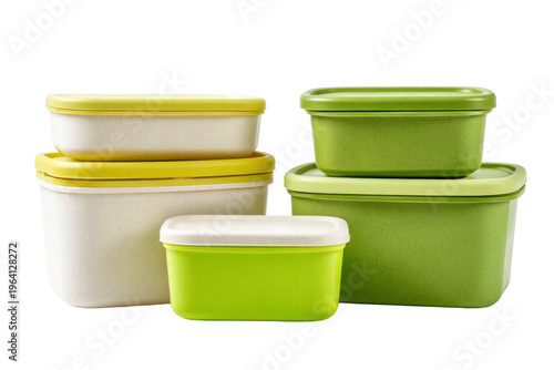 A row of green and white plastic containers. The green containers are stacked on top of each other, png